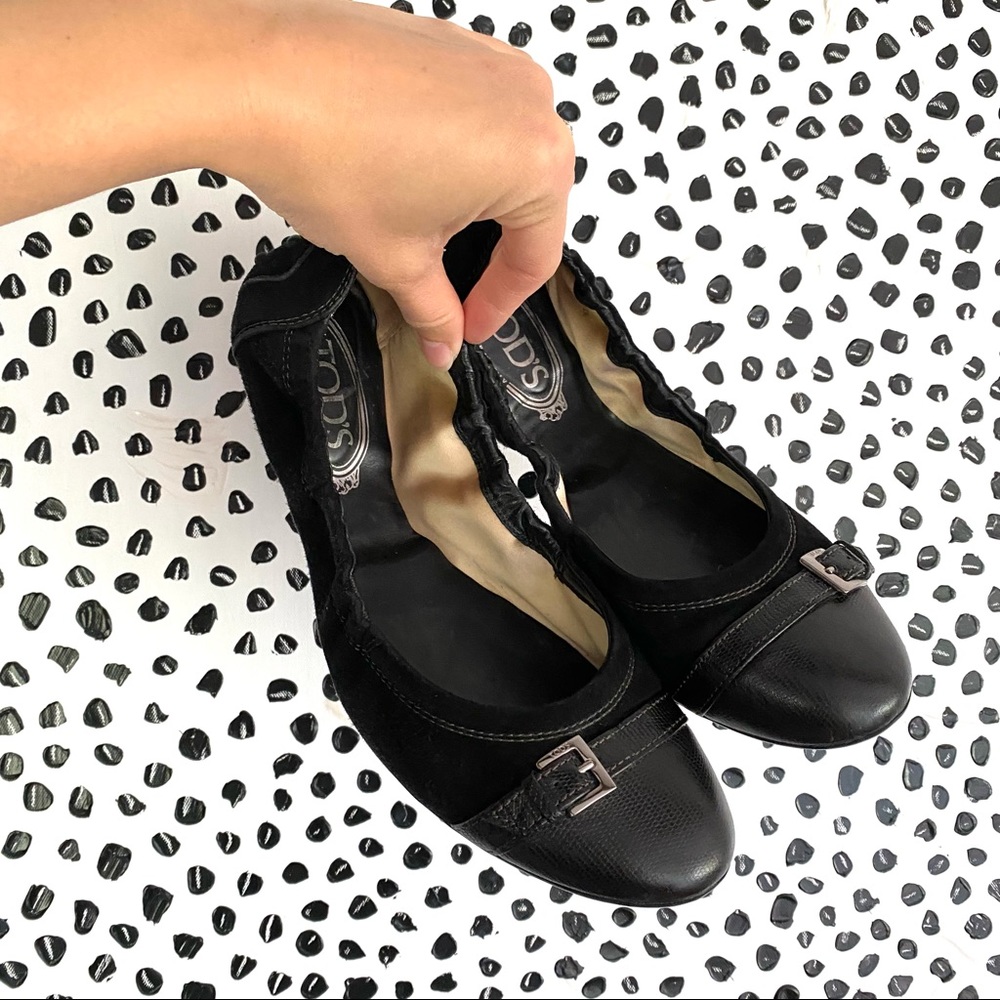 Tods Dee Buckle ballarina flats black suede leather toe silver buckle